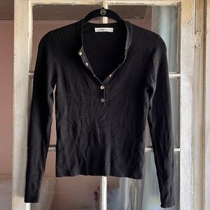 Zara Black Ribbed Knit Long Sleeve V-Neck Button Front Sweater Top